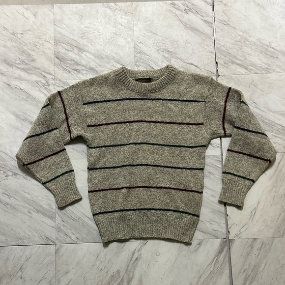 Vintage 90s Eddie Bauer Mens Large Gray Wool Striped Crewneck Sweater USA - Picture 1 of 2